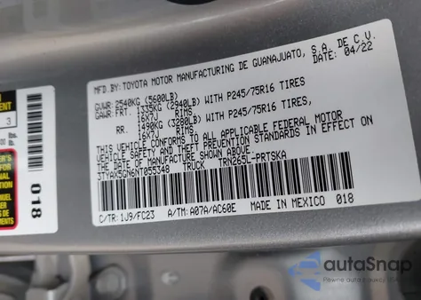 2022 Toyota Tacoma Sr5 из США, поврежденный, VIN 3TYAX5GN6NT055348